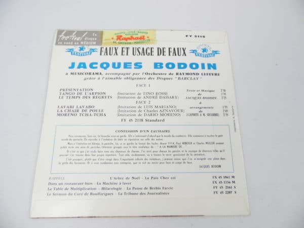 Disque vinyle - 45T - Jacques Bodoin - Faux et usage de faux